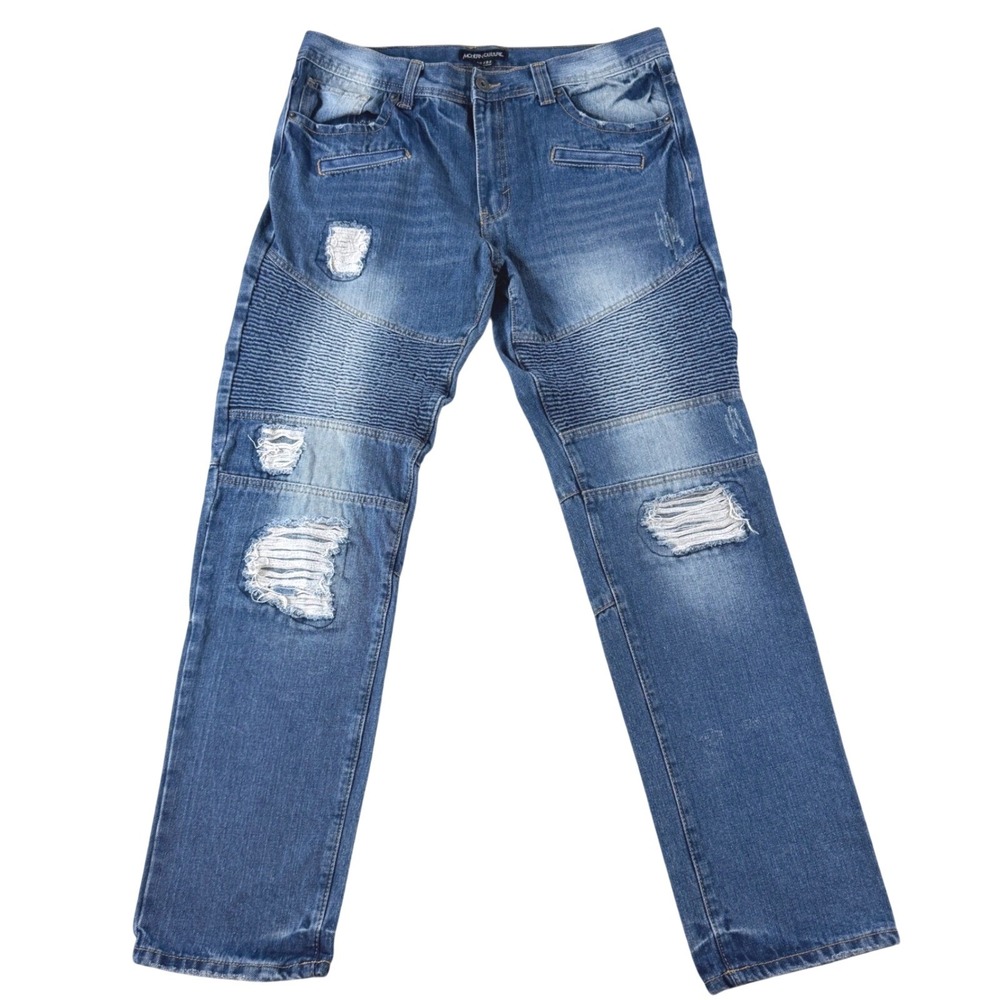 Mens Distressed Biker Jeans 36/32 Modern Culture Blue Moto Ribbed Motorcycle